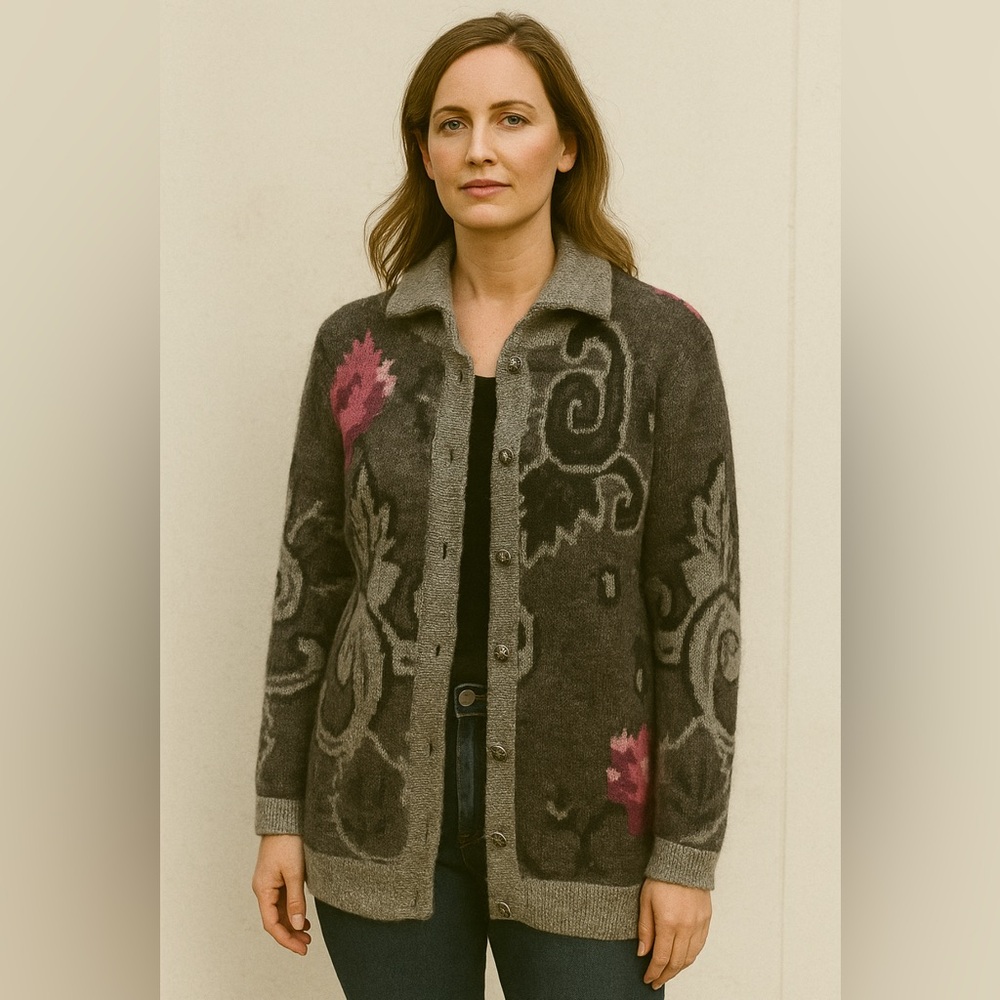 Bianca Gray and Pink Patterned Women's Mohair Sweater